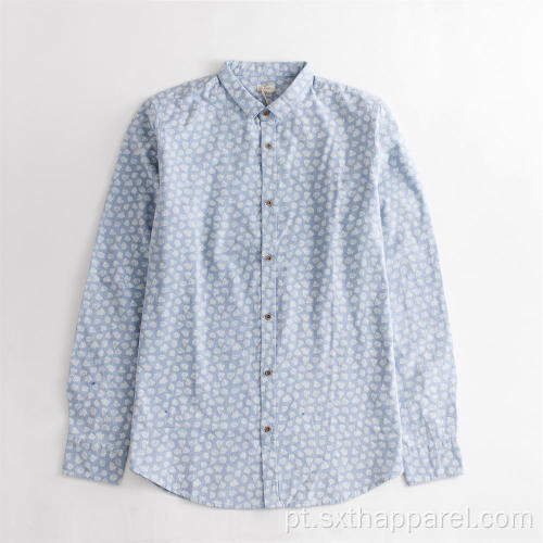 Camisa estampada floral de manga comprida azul claro anti-rugas